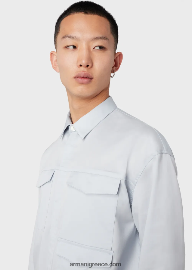 άνδρες Armani ελαφρύ σατέν πουκάμισο lyocell με τσέπες 4046R61073 γαλανός