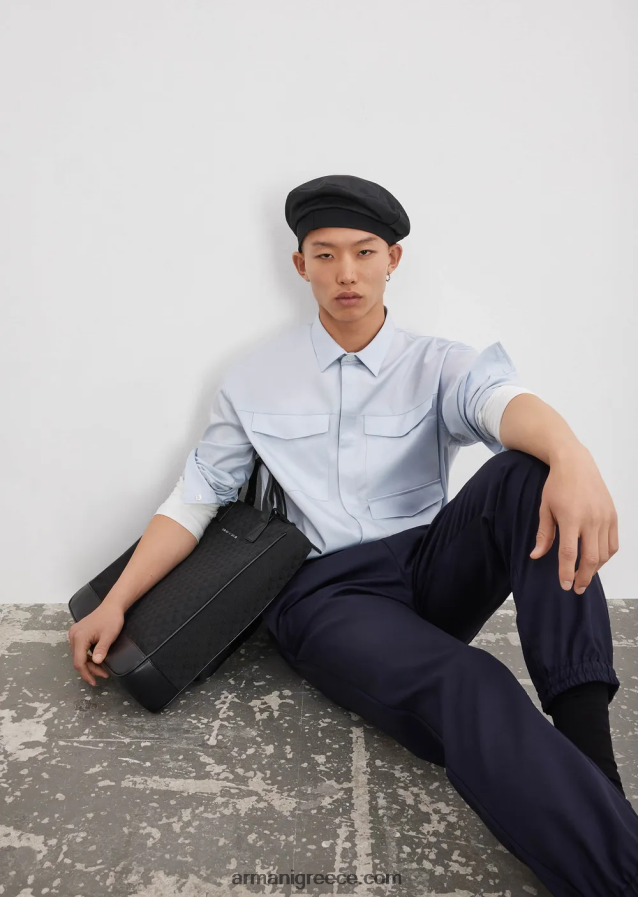 άνδρες Armani ελαφρύ σατέν πουκάμισο lyocell με τσέπες 4046R61073 γαλανός