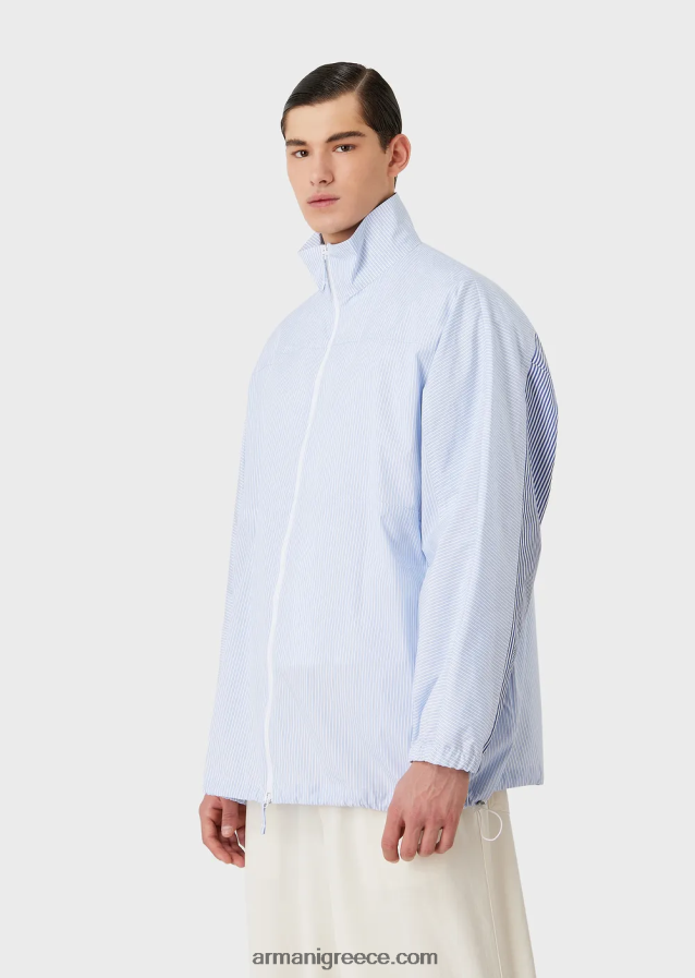 άνδρες Armani σακάκι πουκάμισο με φερμουάρ σε ριγέ ποπλίνα με λογότυπο και στάμπα merman 4046R61115 γαλανός