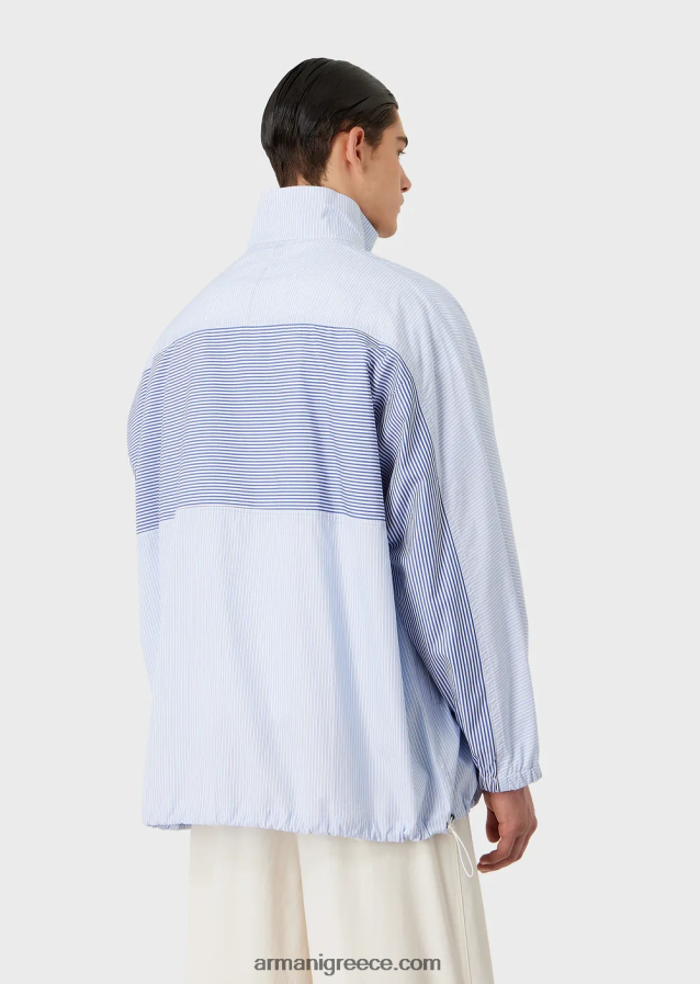 άνδρες Armani σακάκι πουκάμισο με φερμουάρ σε ριγέ ποπλίνα με λογότυπο και στάμπα merman 4046R61115 γαλανός