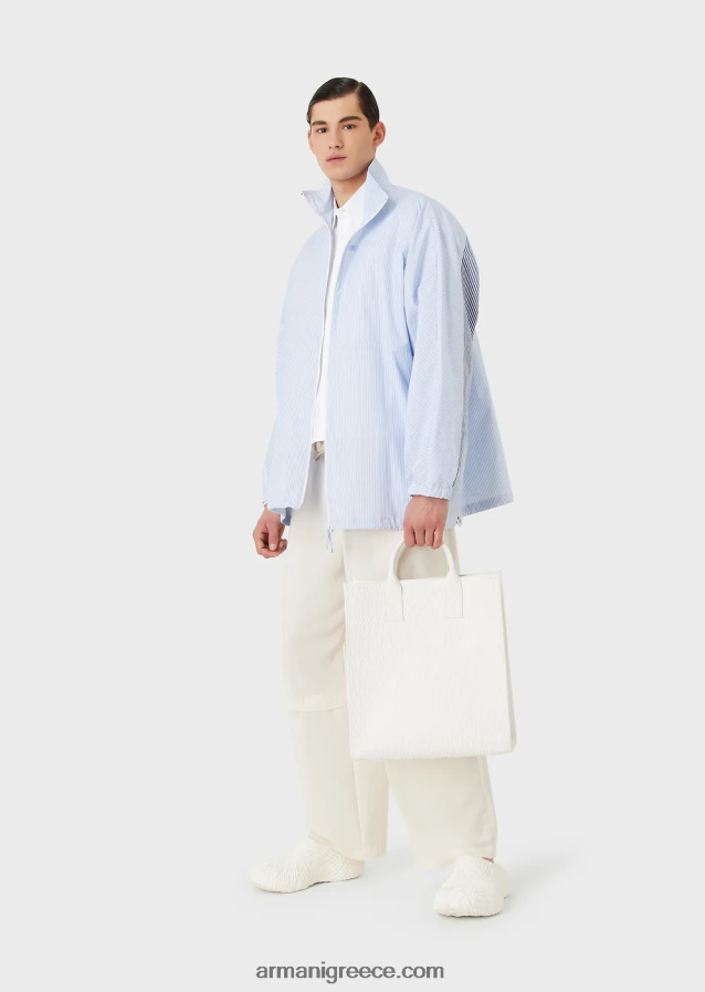 άνδρες Armani σακάκι πουκάμισο με φερμουάρ σε ριγέ ποπλίνα με λογότυπο και στάμπα merman 4046R61115 γαλανός