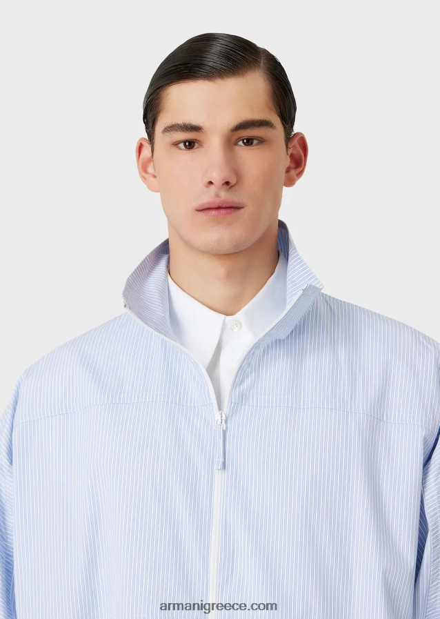 άνδρες Armani σακάκι πουκάμισο με φερμουάρ σε ριγέ ποπλίνα με λογότυπο και στάμπα merman 4046R61115 γαλανός