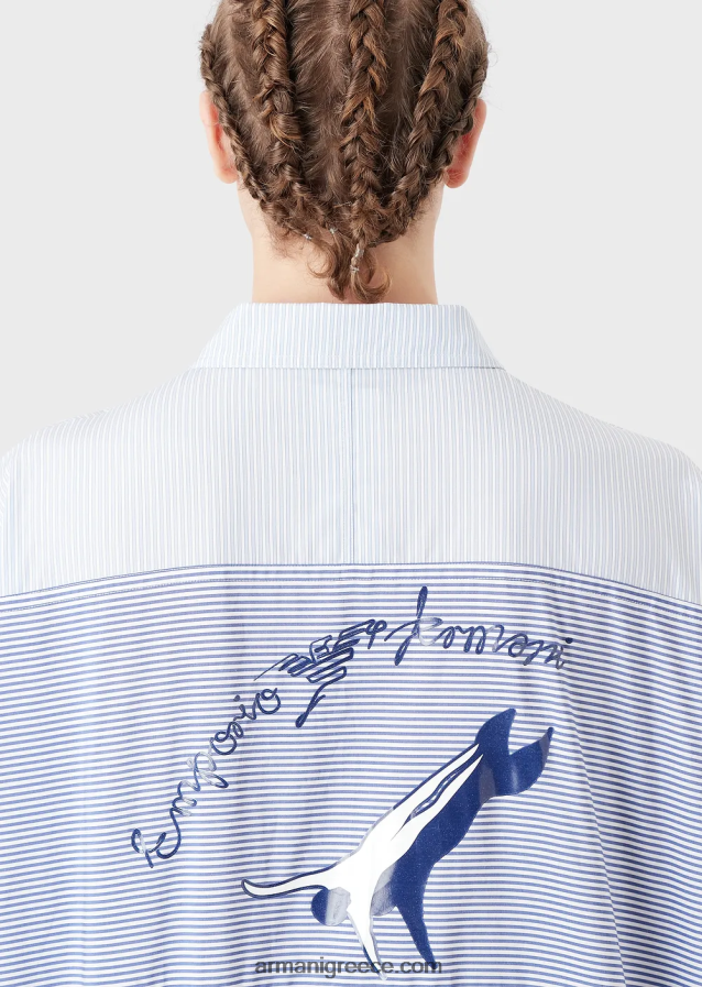 άνδρες Armani σακάκι πουκάμισο με φερμουάρ σε ριγέ ποπλίνα με λογότυπο και στάμπα merman 4046R61115 γαλανός