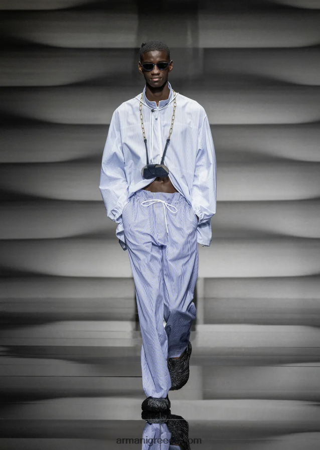 άνδρες Armani σακάκι πουκάμισο με φερμουάρ σε ριγέ ποπλίνα με λογότυπο και στάμπα merman 4046R61115 γαλανός