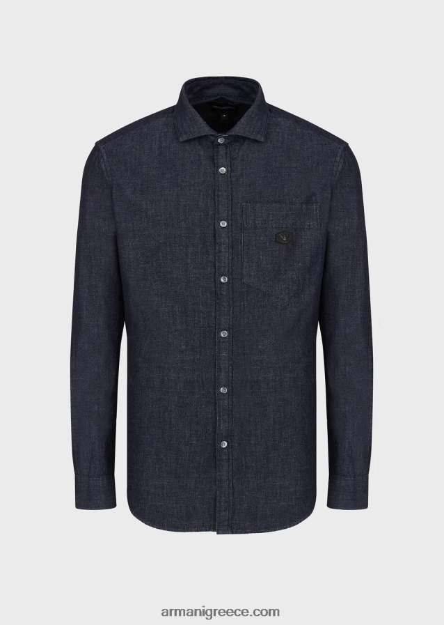 άνδρες Armani Τζιν πουκάμισο με τσέπη και μπάλωμα micro eagle 4046R61106 ναυτικό μπλε