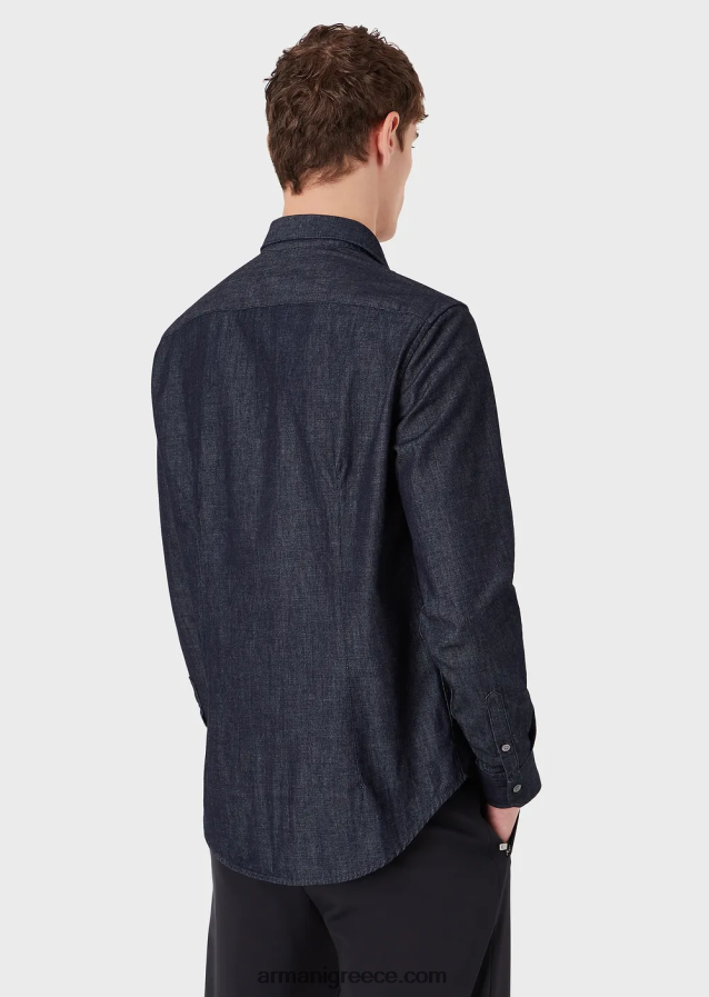 άνδρες Armani Τζιν πουκάμισο με τσέπη και μπάλωμα micro eagle 4046R61106 ναυτικό μπλε