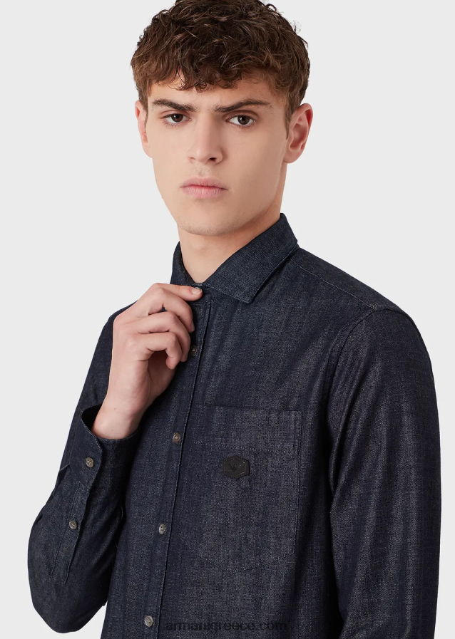 άνδρες Armani Τζιν πουκάμισο με τσέπη και μπάλωμα micro eagle 4046R61106 ναυτικό μπλε