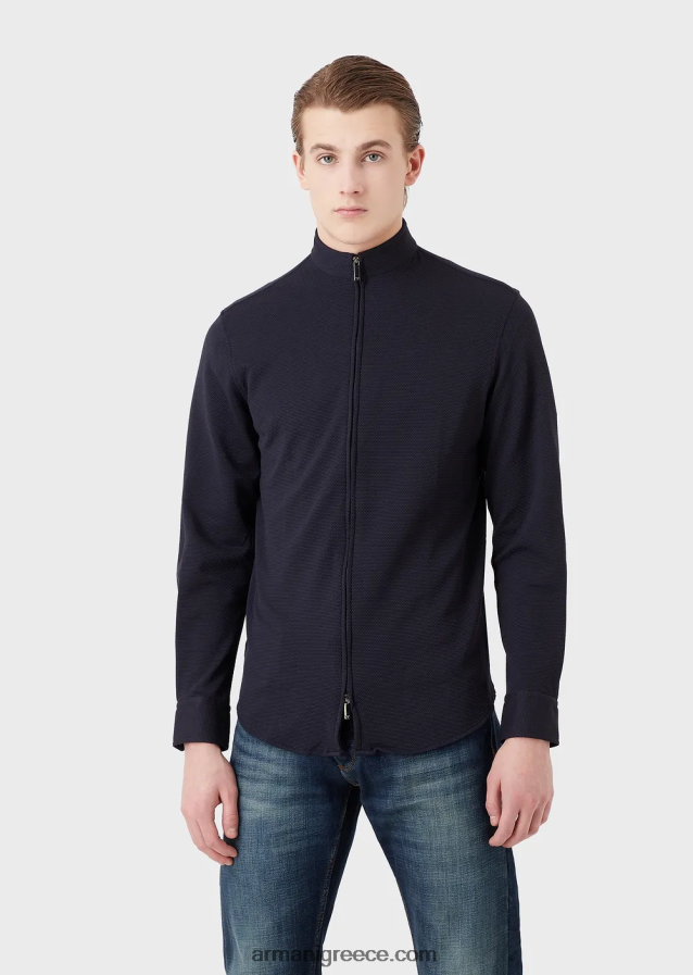 άνδρες Armani Πουκάμισο/τζάκετ με γιακά nehru με φερμουάρ σε 3d stretch τεχνική φανέλα 4046R61104 ναυτικό μπλε
