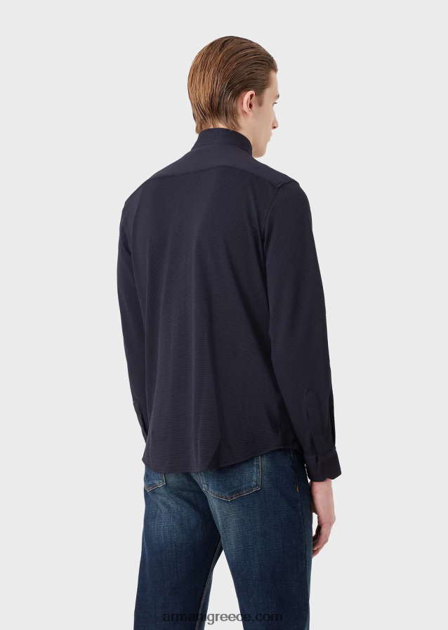 άνδρες Armani Πουκάμισο/τζάκετ με γιακά nehru με φερμουάρ σε 3d stretch τεχνική φανέλα 4046R61104 ναυτικό μπλε