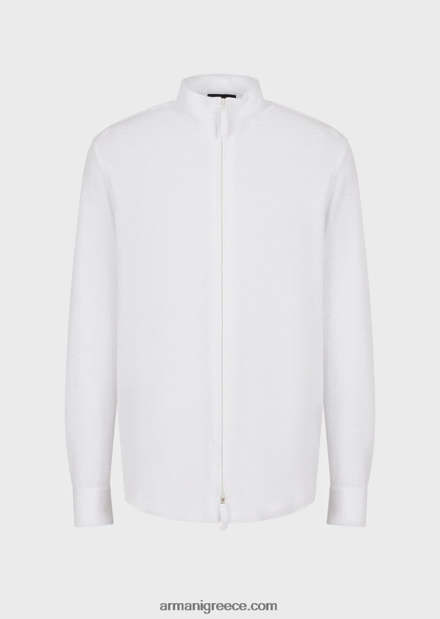 άνδρες Armani Πουκάμισο/τζάκετ με γιακά nehru με φερμουάρ σε 3d stretch τεχνική φανέλα 4046R61105 γαλακτώδες λευκό