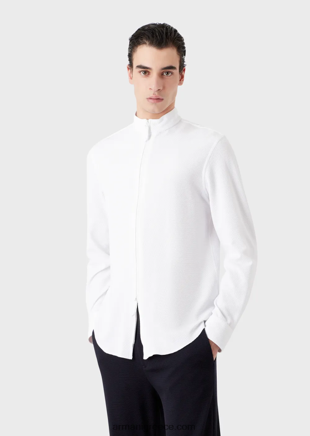 άνδρες Armani Πουκάμισο/τζάκετ με γιακά nehru με φερμουάρ σε 3d stretch τεχνική φανέλα 4046R61105 γαλακτώδες λευκό