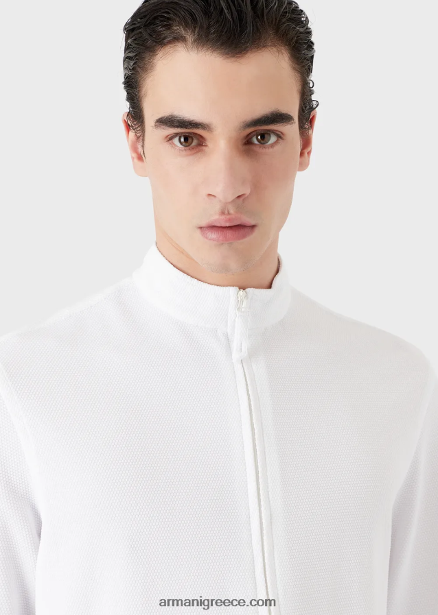 άνδρες Armani Πουκάμισο/τζάκετ με γιακά nehru με φερμουάρ σε 3d stretch τεχνική φανέλα 4046R61105 γαλακτώδες λευκό