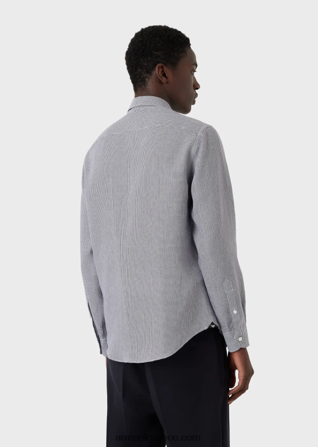 άνδρες Armani op art μικρο-μοτίβο ζακάρ λινό πουκάμισο 4046R61132 μαύρος