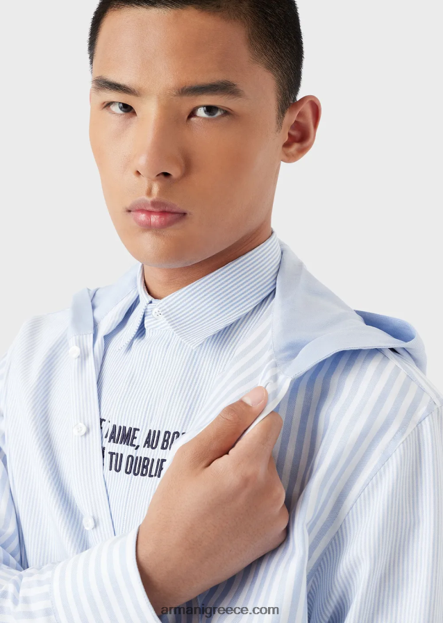 άνδρες Armani ριγέ oxford βαμβακερό πουκάμισο με κουκούλα 4046R61075