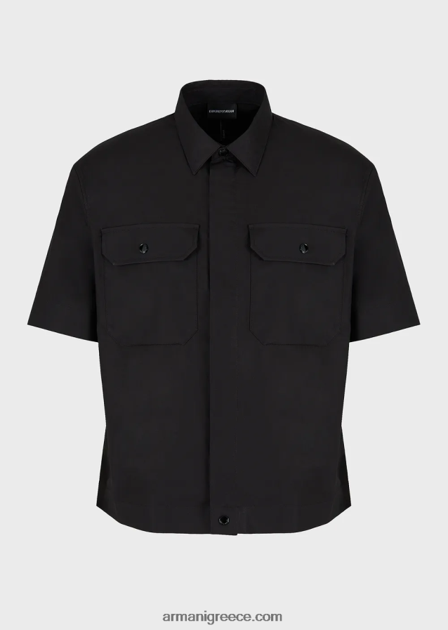 άνδρες Armani κοντομάνικο πουκάμισο ποπλίνα pima με τσέπες 4046R61058 μαύρος