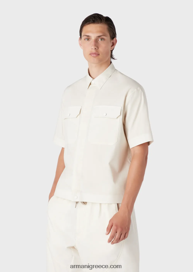 άνδρες Armani κοντομάνικο πουκάμισο ποπλίνα pima με τσέπες 4046R61059 μπεζ