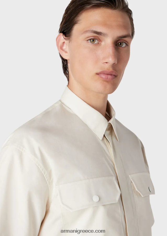 άνδρες Armani κοντομάνικο πουκάμισο ποπλίνα pima με τσέπες 4046R61059 μπεζ