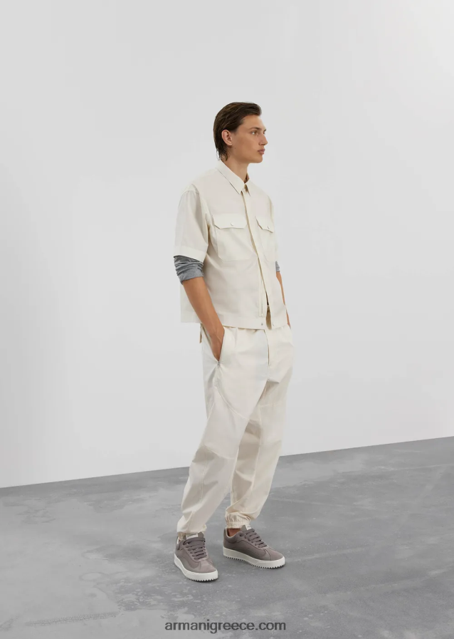 άνδρες Armani κοντομάνικο πουκάμισο ποπλίνα pima με τσέπες 4046R61059 μπεζ