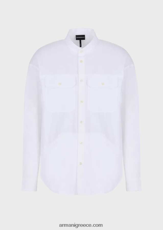 άνδρες Armani Πουκάμισο γκουρού με γιακά pima με τσέπες 4046R61074 άσπρο