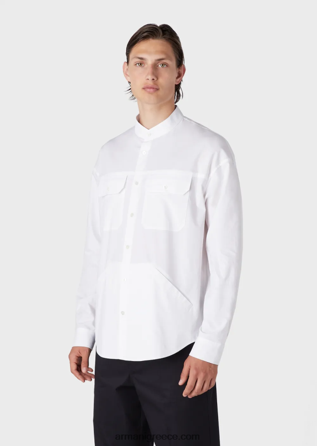 άνδρες Armani Πουκάμισο γκουρού με γιακά pima με τσέπες 4046R61074 άσπρο