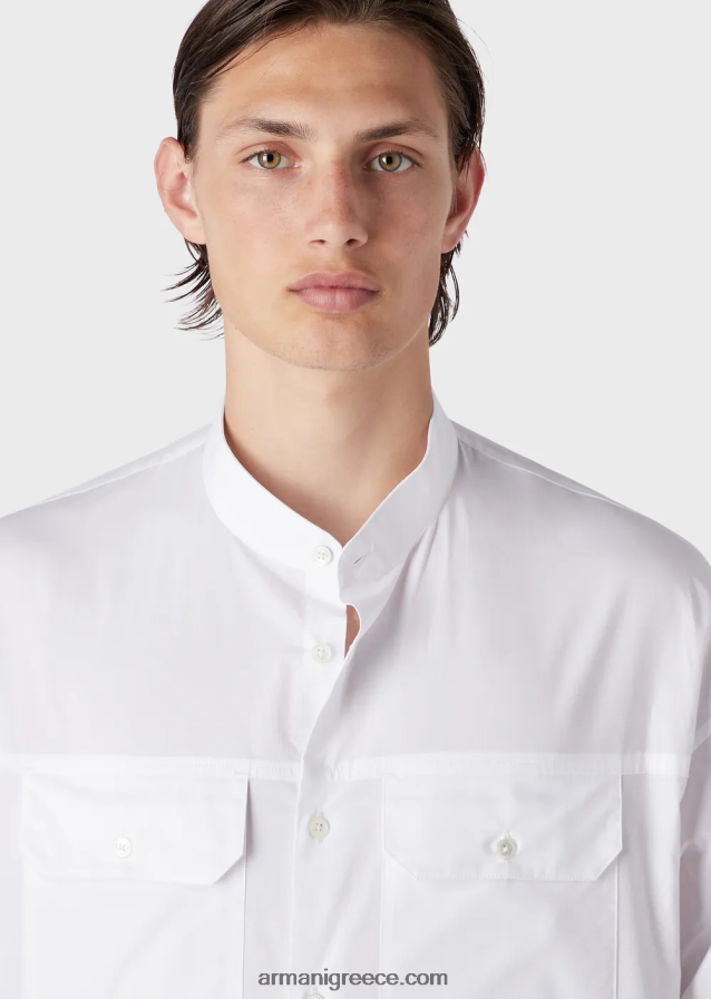 άνδρες Armani Πουκάμισο γκουρού με γιακά pima με τσέπες 4046R61074 άσπρο