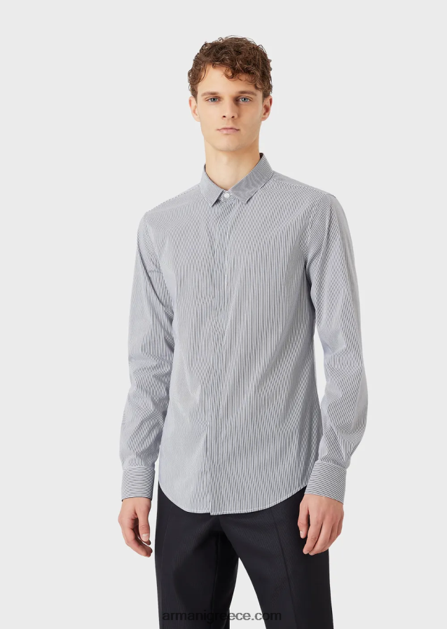 άνδρες Armani ελαστικό βαμβακερό, slim-fit, ριγέ πουκάμισο 4046R61136 μπλε