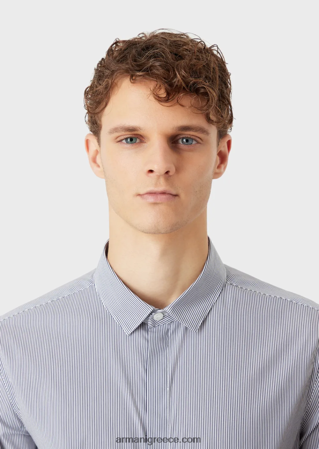 άνδρες Armani ελαστικό βαμβακερό, slim-fit, ριγέ πουκάμισο 4046R61136 μπλε