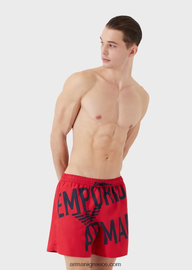 άνδρες Armani μαγιό από ανακυκλωμένο ύφασμα με κορδόνι περίσφιξης και τολμηρό λογότυπο 4046R61000 το κόκκινο