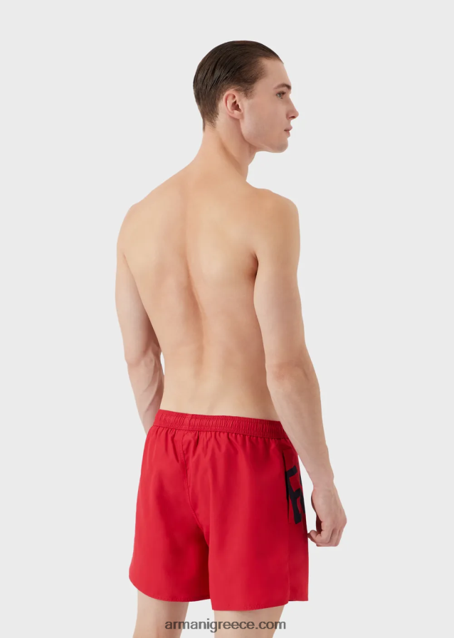 άνδρες Armani μαγιό από ανακυκλωμένο ύφασμα με κορδόνι περίσφιξης και τολμηρό λογότυπο 4046R61000 το κόκκινο