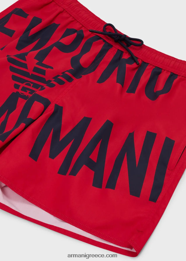 άνδρες Armani μαγιό από ανακυκλωμένο ύφασμα με κορδόνι περίσφιξης και τολμηρό λογότυπο 4046R61000 το κόκκινο