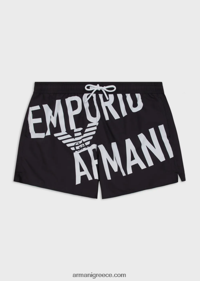 άνδρες Armani μαγιό από ανακυκλωμένο ύφασμα με κορδόνι περίσφιξης και τολμηρό λογότυπο 4046R61001 μαύρο λογότυπο