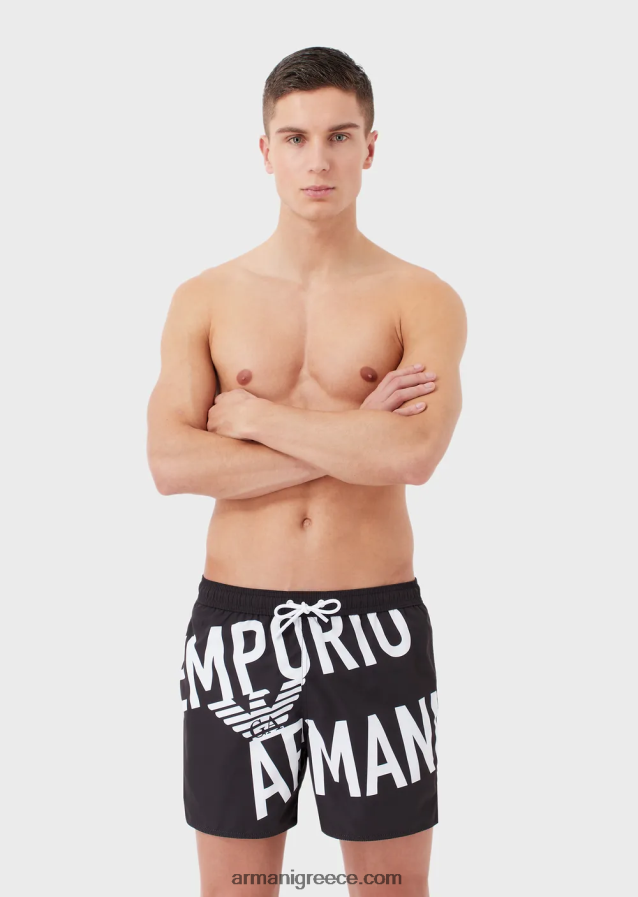 άνδρες Armani μαγιό από ανακυκλωμένο ύφασμα με κορδόνι περίσφιξης και τολμηρό λογότυπο 4046R61001 μαύρο λογότυπο