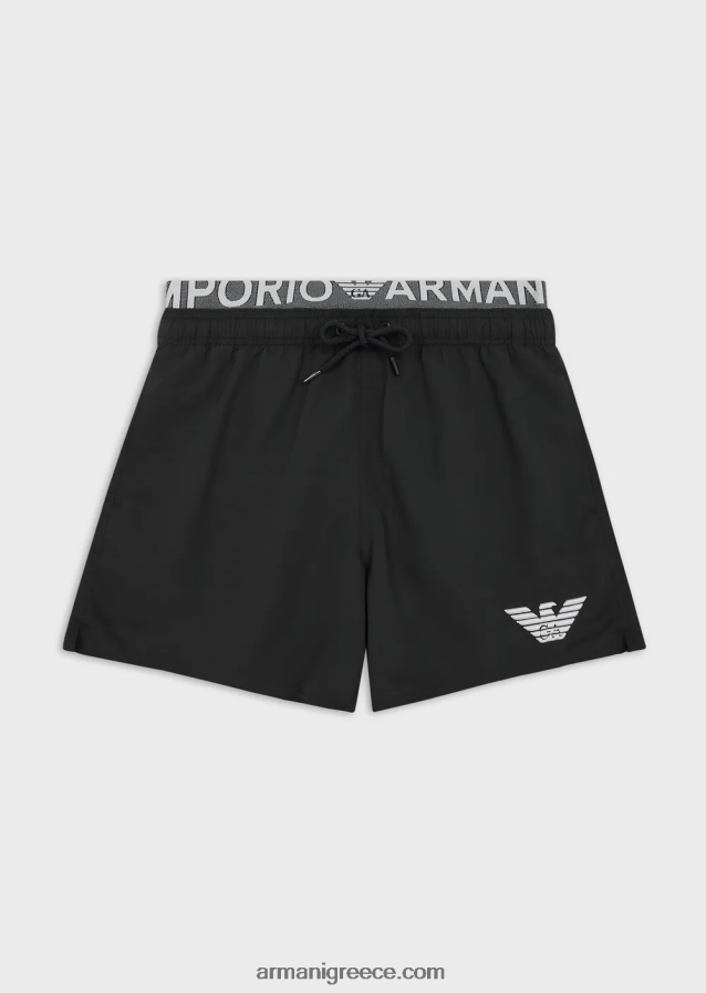 άνδρες Armani μαγιό από ανακυκλωμένο ύφασμα με κορδόνι περίσφιξης και λογότυπο στη μέση 4046R6995 μαύρος