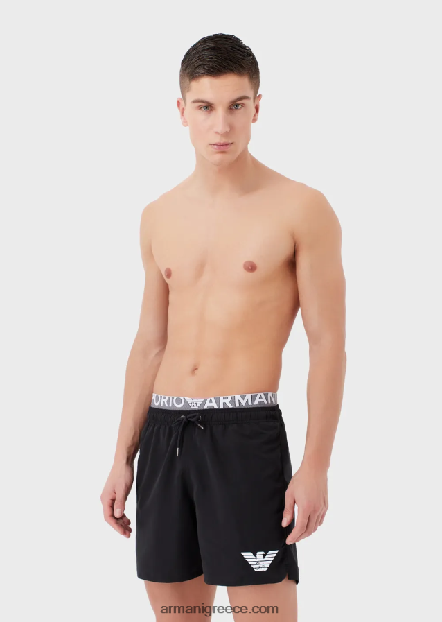 άνδρες Armani μαγιό από ανακυκλωμένο ύφασμα με κορδόνι περίσφιξης και λογότυπο στη μέση 4046R6995 μαύρος