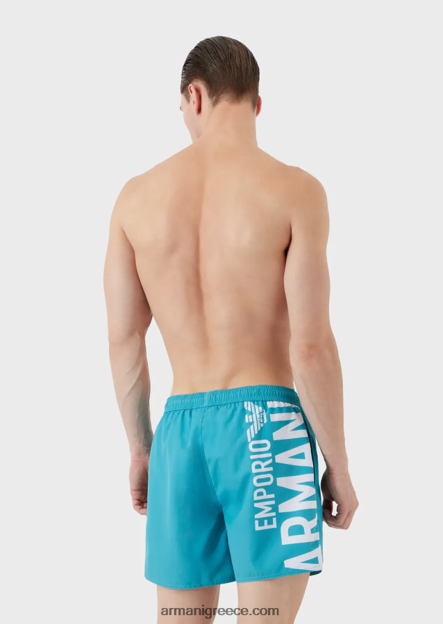 άνδρες Armani μαγιό από ανακυκλωμένο ύφασμα με κορδόνι περίσφιξης και τολμηρό λογότυπο 4046R6998 γαλανός