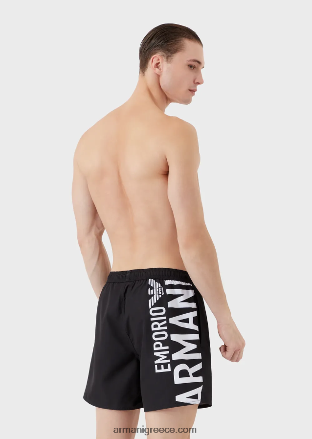 άνδρες Armani μαγιό από ανακυκλωμένο ύφασμα με κορδόνι περίσφιξης και τολμηρό λογότυπο 4046R6999 μαύρος