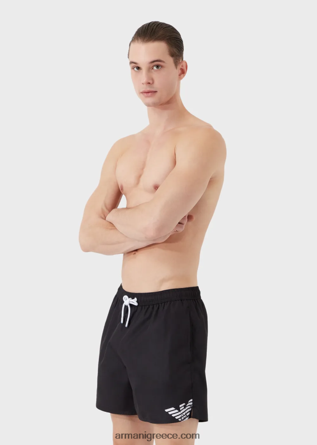 άνδρες Armani μαγιό από ανακυκλωμένο ύφασμα με κορδόνι περίσφιξης και τολμηρό λογότυπο 4046R6999 μαύρος