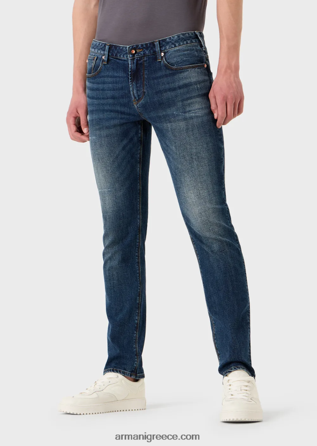 άνδρες Armani j06 τζιν τζιν με λεπτή εφαρμογή, φθαρμένη εμφάνιση 4046R61155 μέτριο μπλε