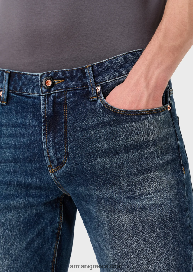 άνδρες Armani j06 τζιν τζιν με λεπτή εφαρμογή, φθαρμένη εμφάνιση 4046R61155 μέτριο μπλε