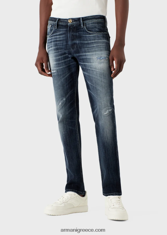 άνδρες Armani j06 slim-fit, σκισμένο σκούρο τζιν τζιν 4046R61158 μέτριο μπλε