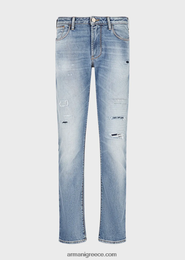 άνδρες Armani j06 slim-fit, σκισμένο ελαφρύ τζιν τζιν 4046R61188 γαλάζιο