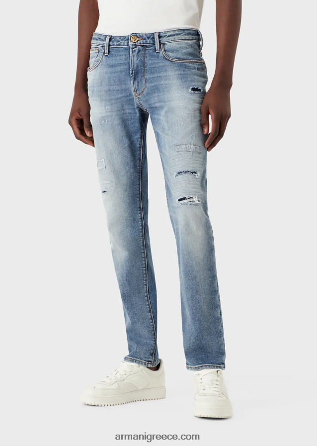 άνδρες Armani j06 slim-fit, σκισμένο ελαφρύ τζιν τζιν 4046R61188 γαλάζιο