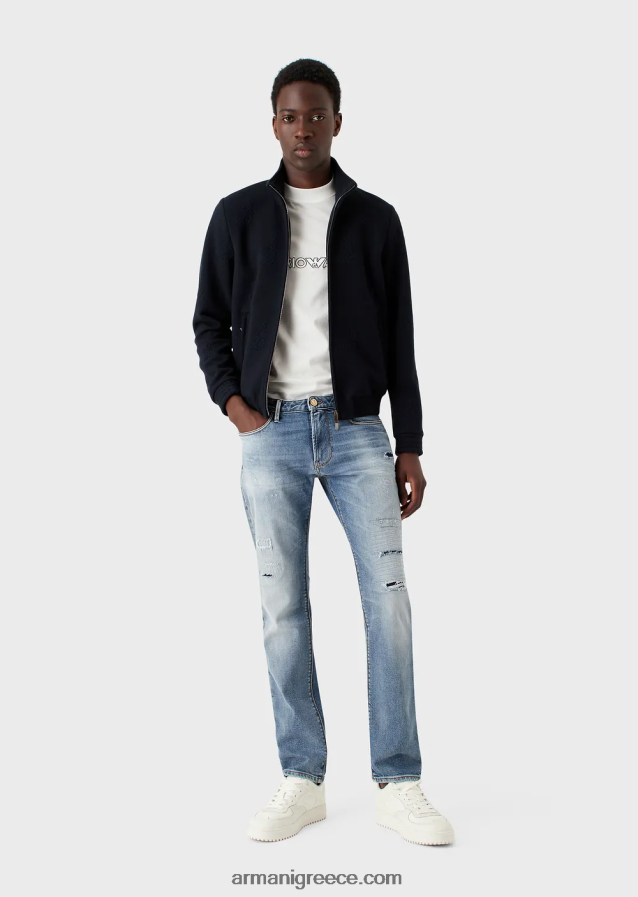άνδρες Armani j06 slim-fit, σκισμένο ελαφρύ τζιν τζιν 4046R61188 γαλάζιο