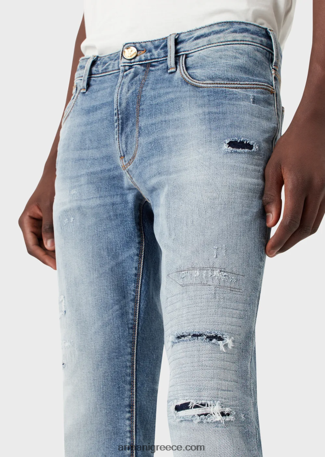 άνδρες Armani j06 slim-fit, σκισμένο ελαφρύ τζιν τζιν 4046R61188 γαλάζιο
