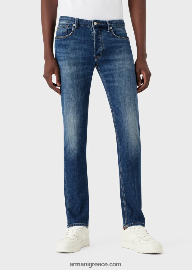 άνδρες Armani j75 slim-fit, φθαρμένο οργανικό τζιν τζιν 4046R61164 μπλε
