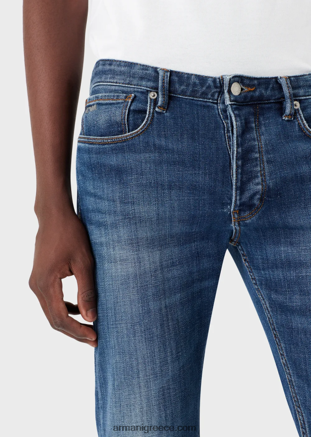 άνδρες Armani j75 slim-fit, φθαρμένο οργανικό τζιν τζιν 4046R61164 μπλε