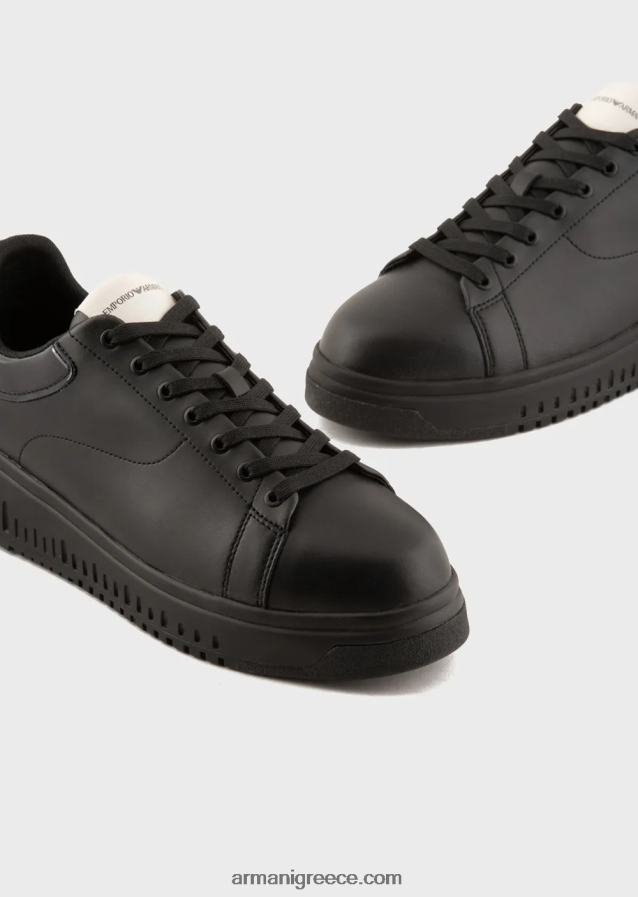 άνδρες Armani μαλακά δερμάτινα πάνινα παπούτσια με γυαλιστερή πλάτη 4046R61861 μαύρος