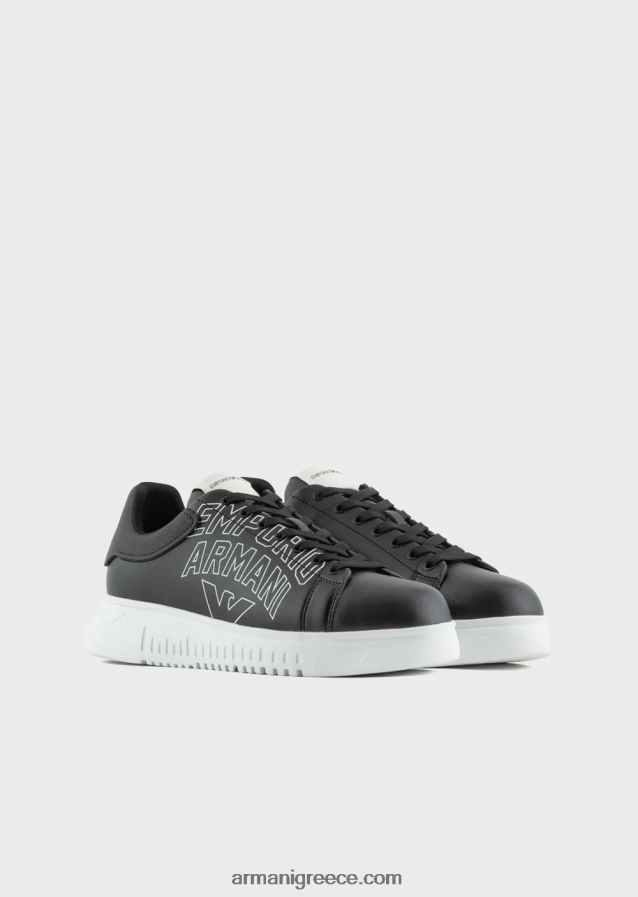 άνδρες Armani μαλακά δερμάτινα πάνινα παπούτσια με έντονο λογότυπο 4046R61867 μαύρος