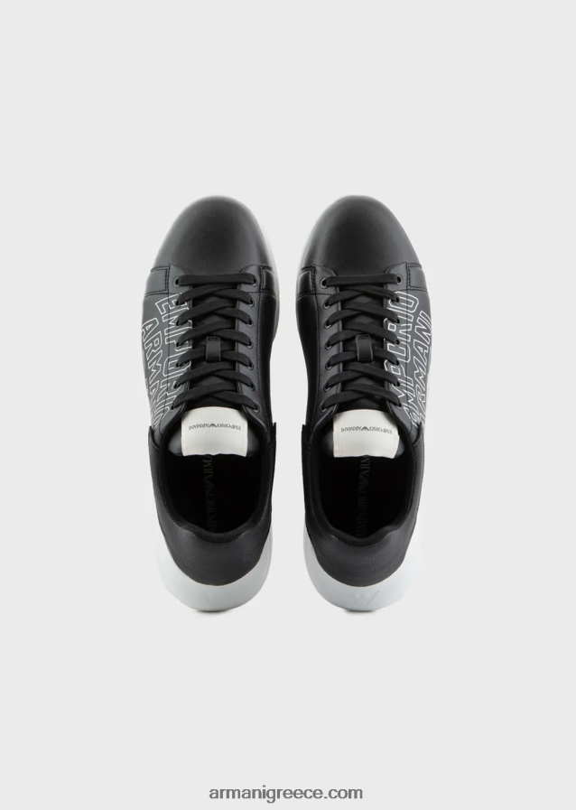 άνδρες Armani μαλακά δερμάτινα πάνινα παπούτσια με έντονο λογότυπο 4046R61867 μαύρος