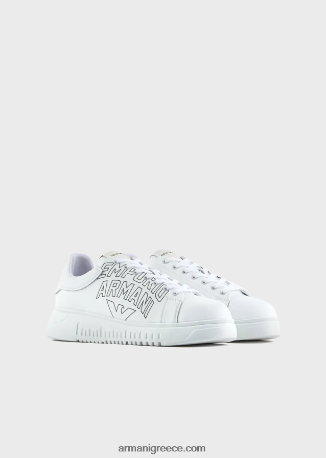 άνδρες Armani μαλακά δερμάτινα πάνινα παπούτσια με έντονο λογότυπο 4046R61868 άσπρο